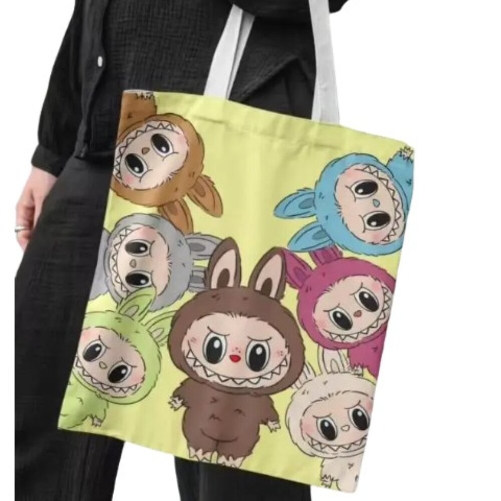 Labubu Tote Bag Cute Cartoon Print Canvas Shoulder Bag 14x16